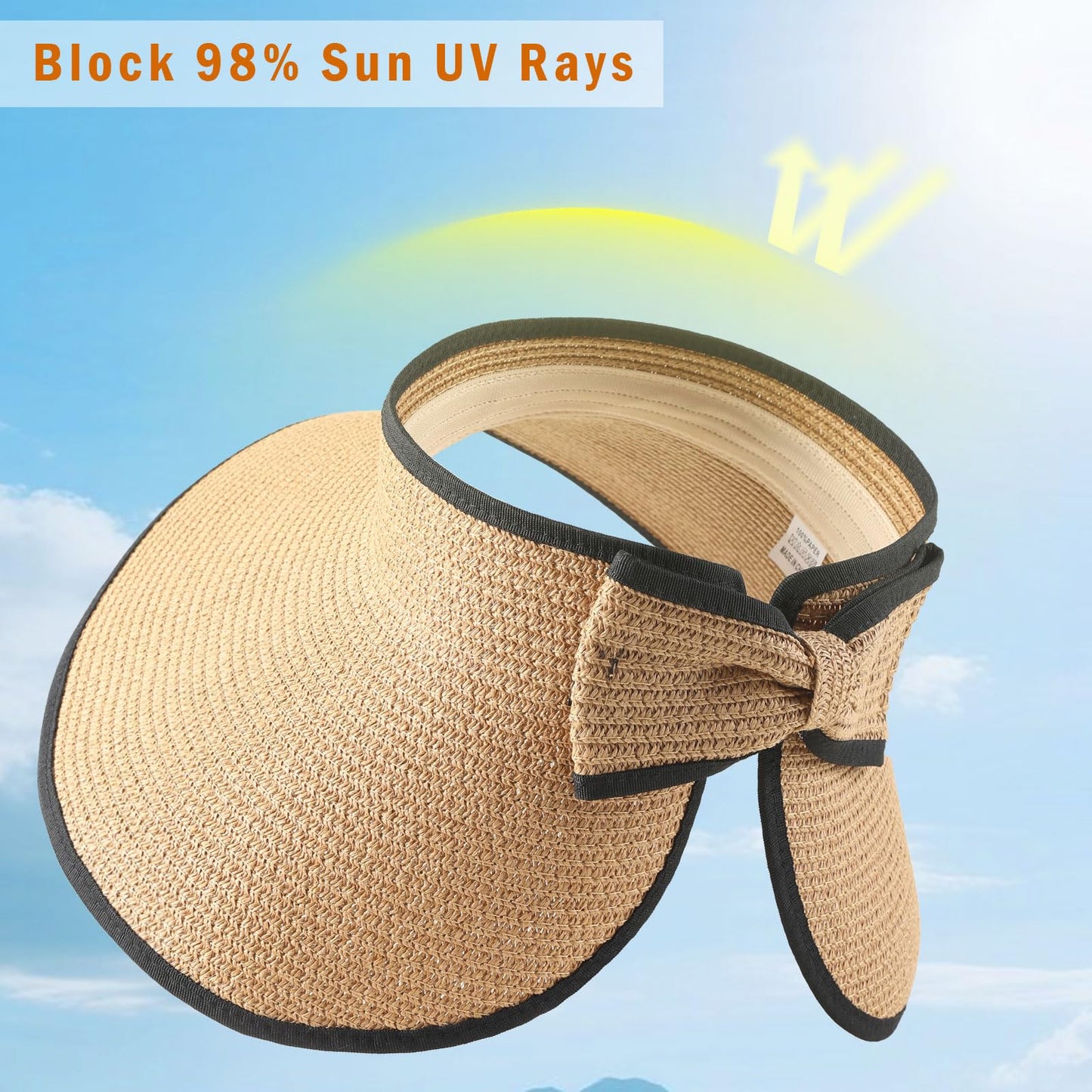 Sun Visors for Women Wide Brim Beach Hat Foldable Straw Visor Hat Ponytail Summer Packable Black