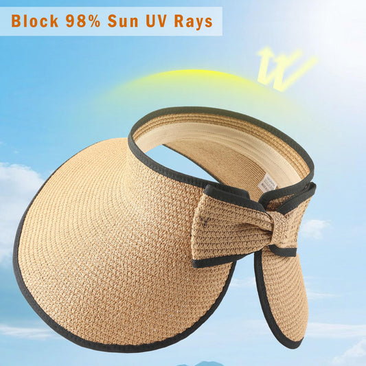 Sun Visors for Women Wide Brim Beach Hat Foldable Straw Visor Hat Ponytail Summer Packable Black