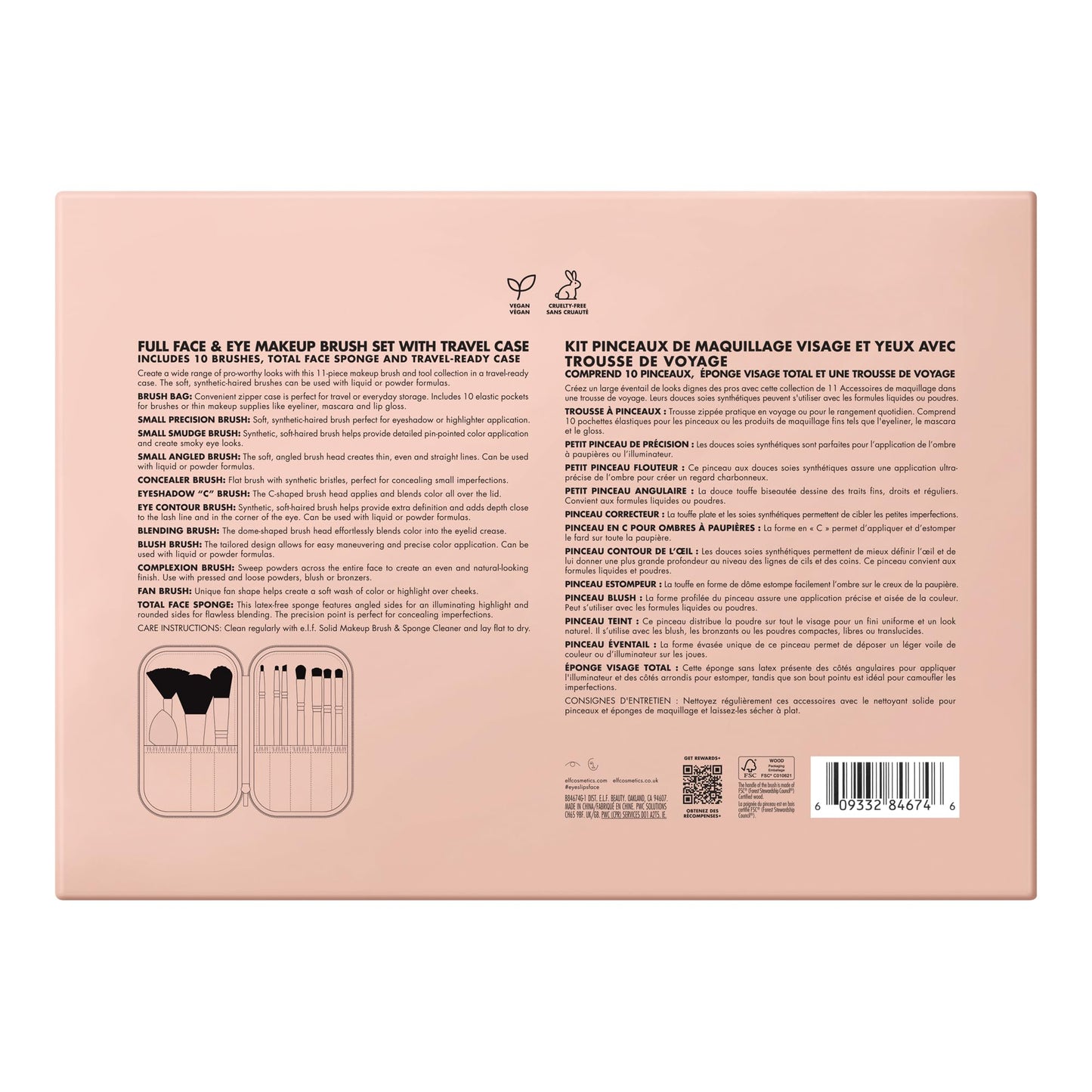 e.l.f. Full Face & Eye Makeup Brush Set with Travel Case, 11 Face & Eye Brushes For Creating A Full Face Makeup Look, Vegan & Cruelty-Free