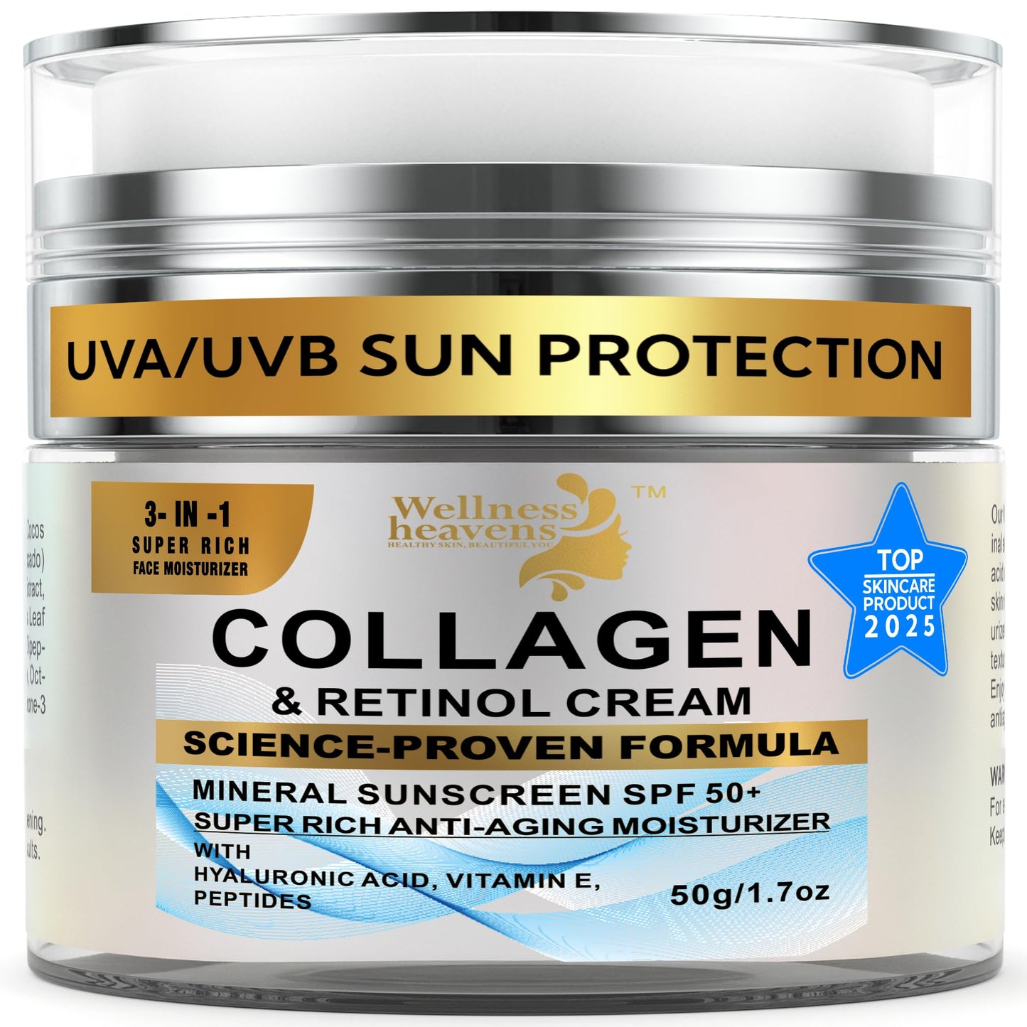 Daily Face Moisturizer with SPF 50 - Retinol, Hyaluronic Acid & Collagen with Age-Defying, Lift & Firm Cream and Sun Protection - Day & Night Repair Moisturizing Anti-Aging Sunscreen Lotion | 1.7oz