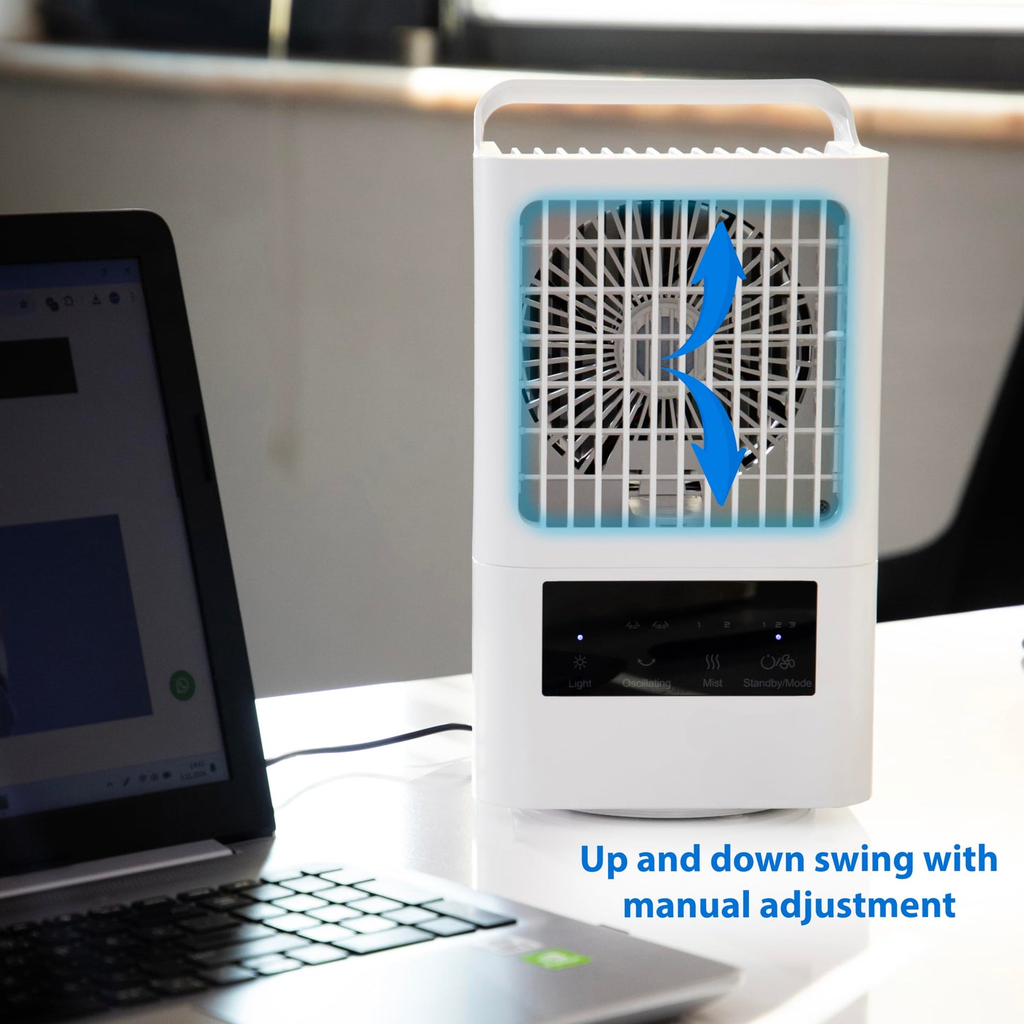 Mini Portable Air Conditioners | 4in1 USB Evaporative Air Cooler with Fan, Mist, Humidifier & Light | 60ยฐ/120ยฐ Oscillation, Touch Panel, 3 Speeds | Personal AC for Bedroom, Desk, Tent, Camping, Car
