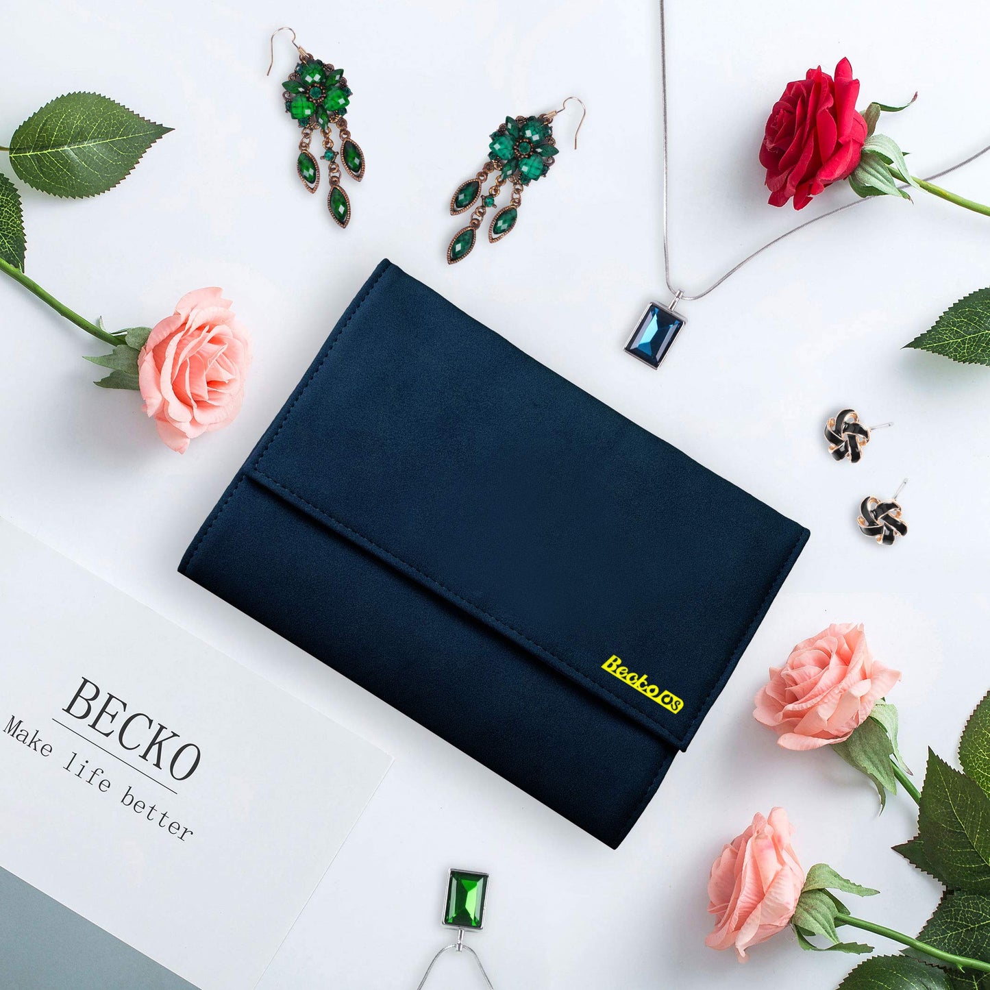 Becko US Jewelry Organizer Roll Travel Jewel Bag case for Multiple Necklaces, Rings, Bracelets, Supple Leather & Suede, Large Capacity Without Crease, Lightweight, Portable & Practical (Dark Blue)