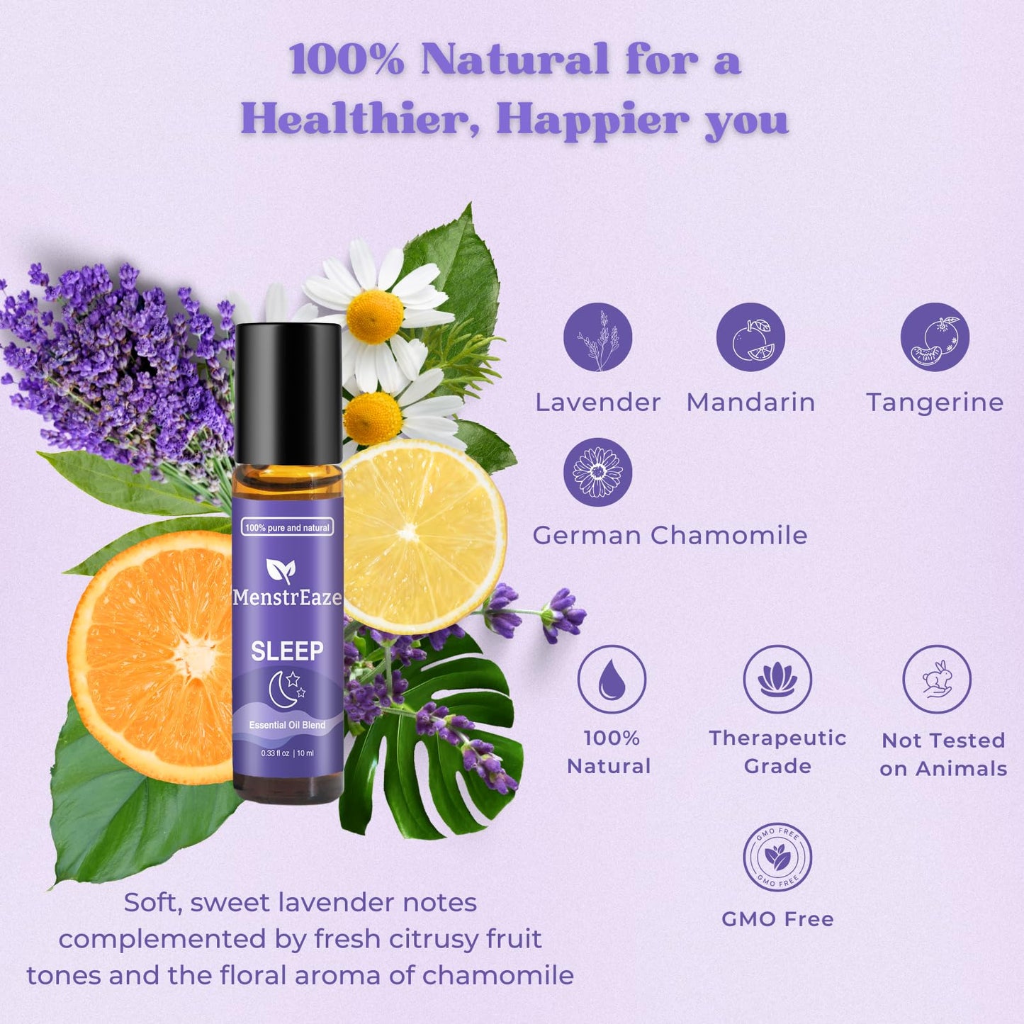 Natural Sleep Essential Oil Roll On, 100% Natural Deep Relaxation Blend with Lavender, Chamomile, Sweet Orange Aromatherapy Oils, 10ml