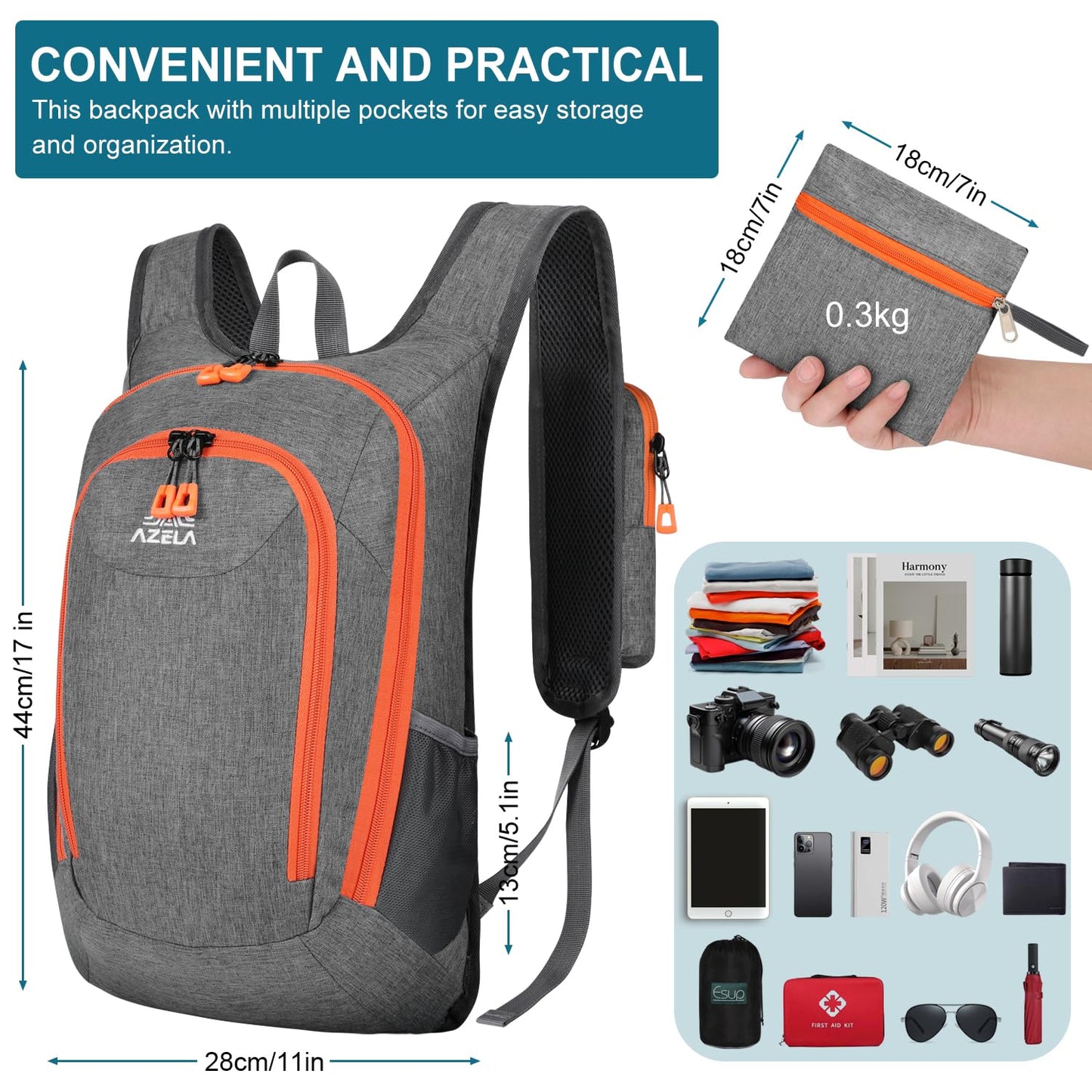 Esup 15L Small Hiking Backpack Foldable Lightweight Travel Day Pack Packable Camping Backpack for Women Men (Gray)