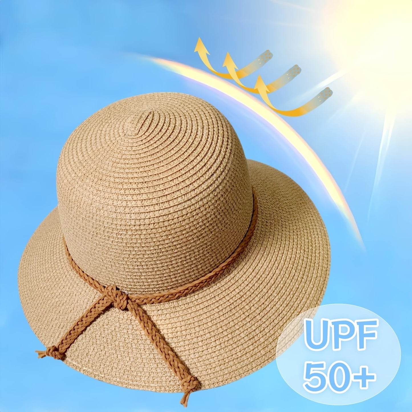 Beach Sun Straw Hats for Women, Summer Sun Protection Foldable Packable Wide Brim Hat,Khaki