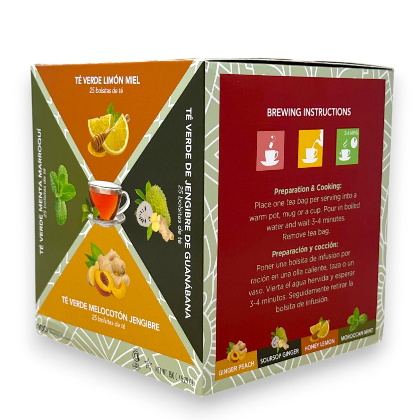 Herbal Wellness Caffeinated Green Tea Collection 100 Ct Variety Sampler Pack 4 Flavors: Honey Lemon, Moroccan Mint, Soursop Ginger, Ginger Peach, Eco Friendly Teabags Non GMO Sugar Free Keto