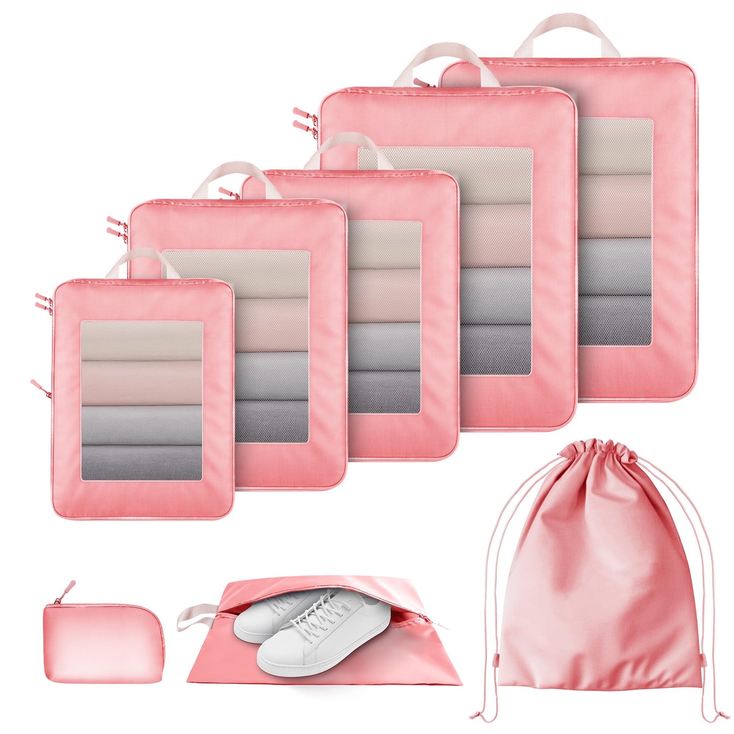 8 Set Compression Packing Cubes for Travel Suitcase Organizer Travel Essentials for Backpack Luggage Organizer Bags for Carry on (Pink)