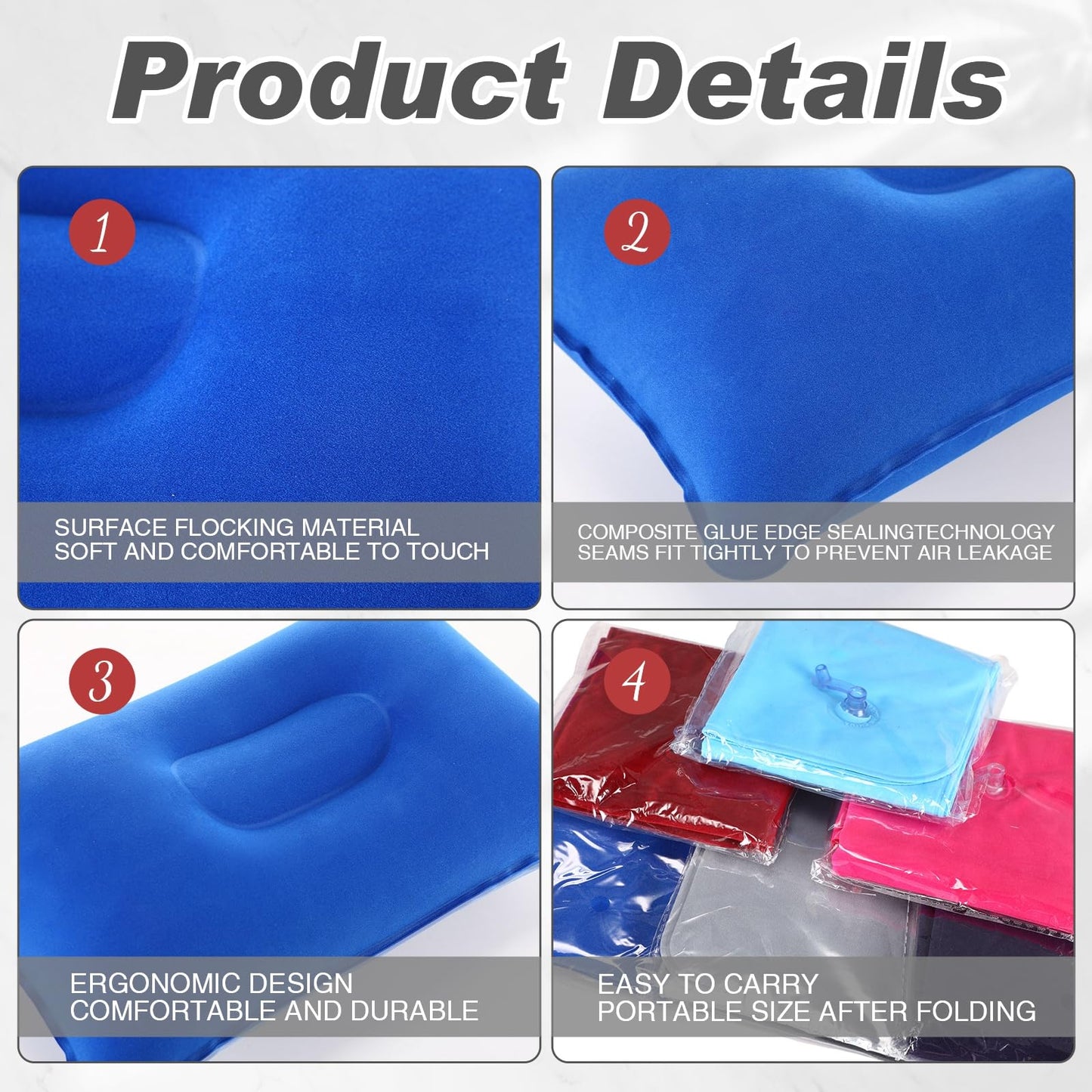 Geelin 12 Pack Inflatable Travel Pillow Squared Flocked Fabric Air Pillow Ultralight, Compact and Comfortable for Traveling, Camping, Hiking, Napping, Desk Rest, Neck Lumbar Support (16.93 × 10.63)