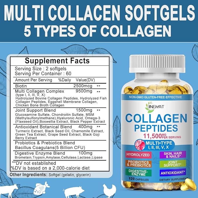 Collagen Peptides Softgels, Multi Collagen Peptide w/ Glucosamine Chondroitin MSM Biotin, Hydrolyzed Collagen Peptides Complex for Women Supports Skin Hair Nail Joints Bones Gut Health, Non-GMO