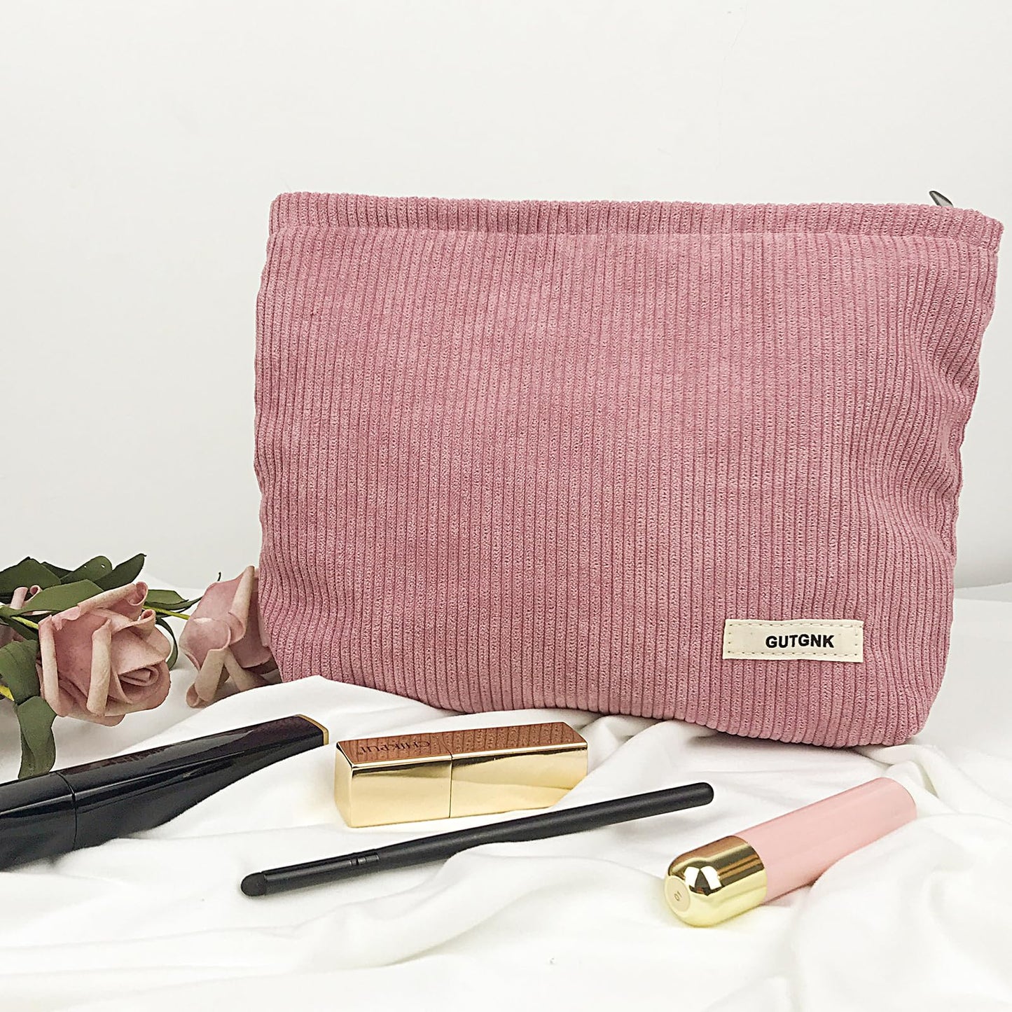 GUTGNK Women's Corduroy Cosmetic Bag, Large Capacity Canvas Cosmetic Bag Travel Toiletry Bag Accessories Organizer, Pink