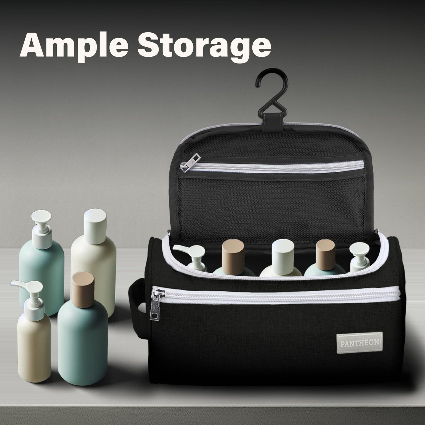 Pantheon Men's Toiletry Bag - Travel Toiletry Bag Wash Bag Hanging Dopp Kit Shaving Kit for Bathroom Shower - Mens Travel Bag Hanging Toiletry Organizer Toiletry Kit for Traveling (Black)