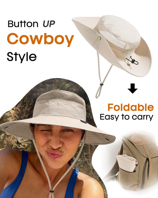 FURTALK Sun Hats for Women with Ponytail Hole Beach Hiking Summer Wide Brim Outdoor UV Protection Packable Bucket Safari Hat Beige