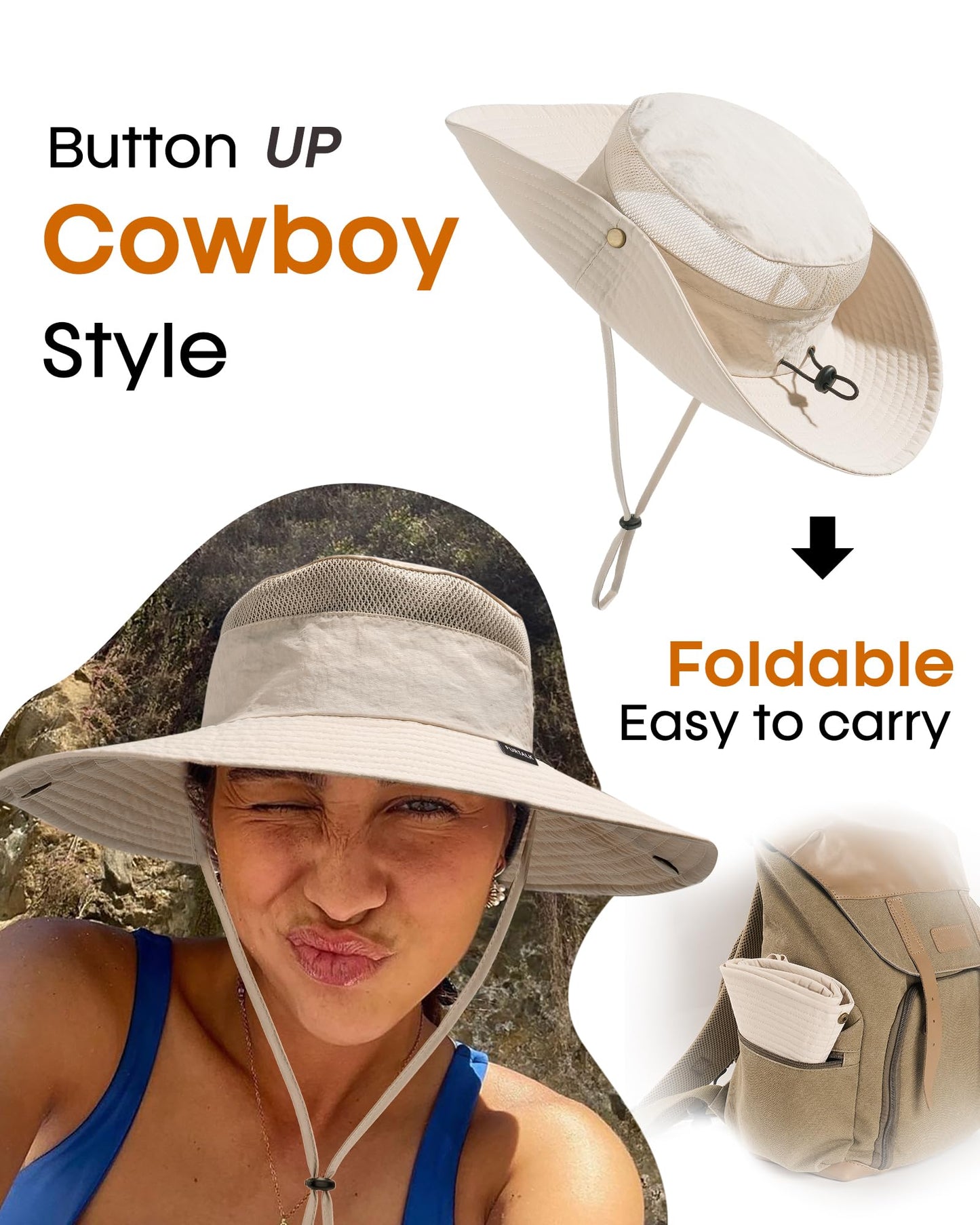 FURTALK Sun Hats for Women with Ponytail Hole Beach Hiking Summer Wide Brim Outdoor UV Protection Packable Bucket Safari Hat Beige