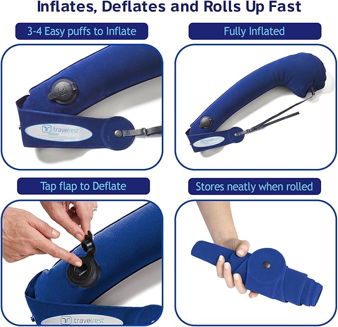 TRAVELREST Ultimate Inflatable Travel Neck & Body Pillow - Travel Essentials, Comfort and Upper Body Support, Airplane Neck Pillow for Long Flight, Straps to Airplane Seat & Car, for All Ages - Blue