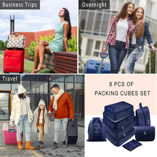 Ebbniur Packing Cubes, 8 Pcs Travel Packing Organizers for Suitcases, Large Capacity Travel Luggage Organizers Set includes 8 Storage Bags, Travel Essentials for Women or Men (Navy Blue)