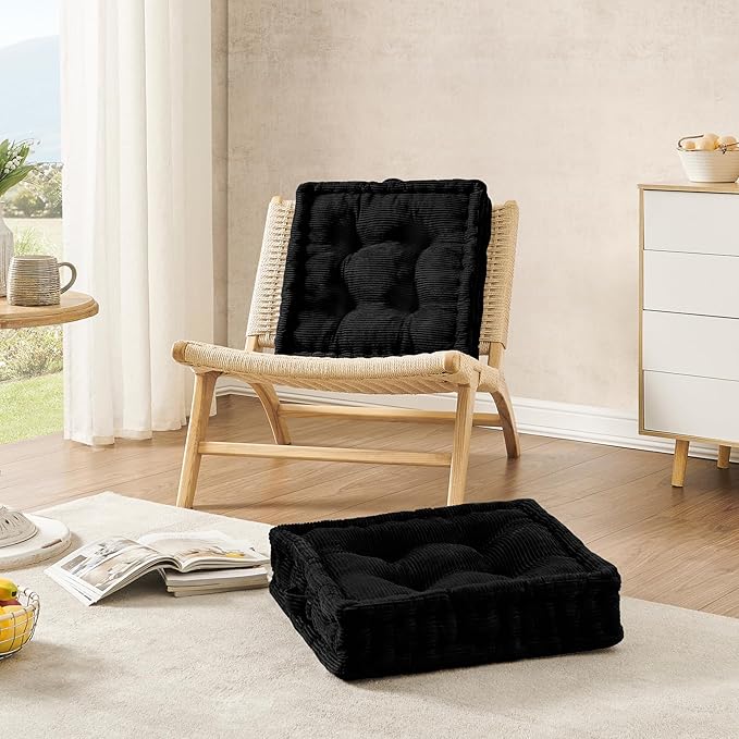 Wellsin Square Floor Pillows for Adults Kids - Meditation Floor Pillow Seating Cushion - Tufted Floor Cushion with Shredded Foam & Velvet Cover, 1 Pack, 20x20 Inch, Black