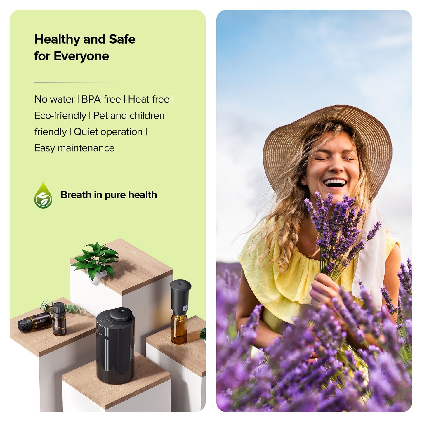 Waterless Essential Oil Diffuser for Home Aromatherapy Car Nebulizing Diffuser Battery Operated 5-20mL Mini Scent Air Machine Up to 600 Sq.Ft. 4 Countdown Timers 3 Mist-Level (AN7 Black)