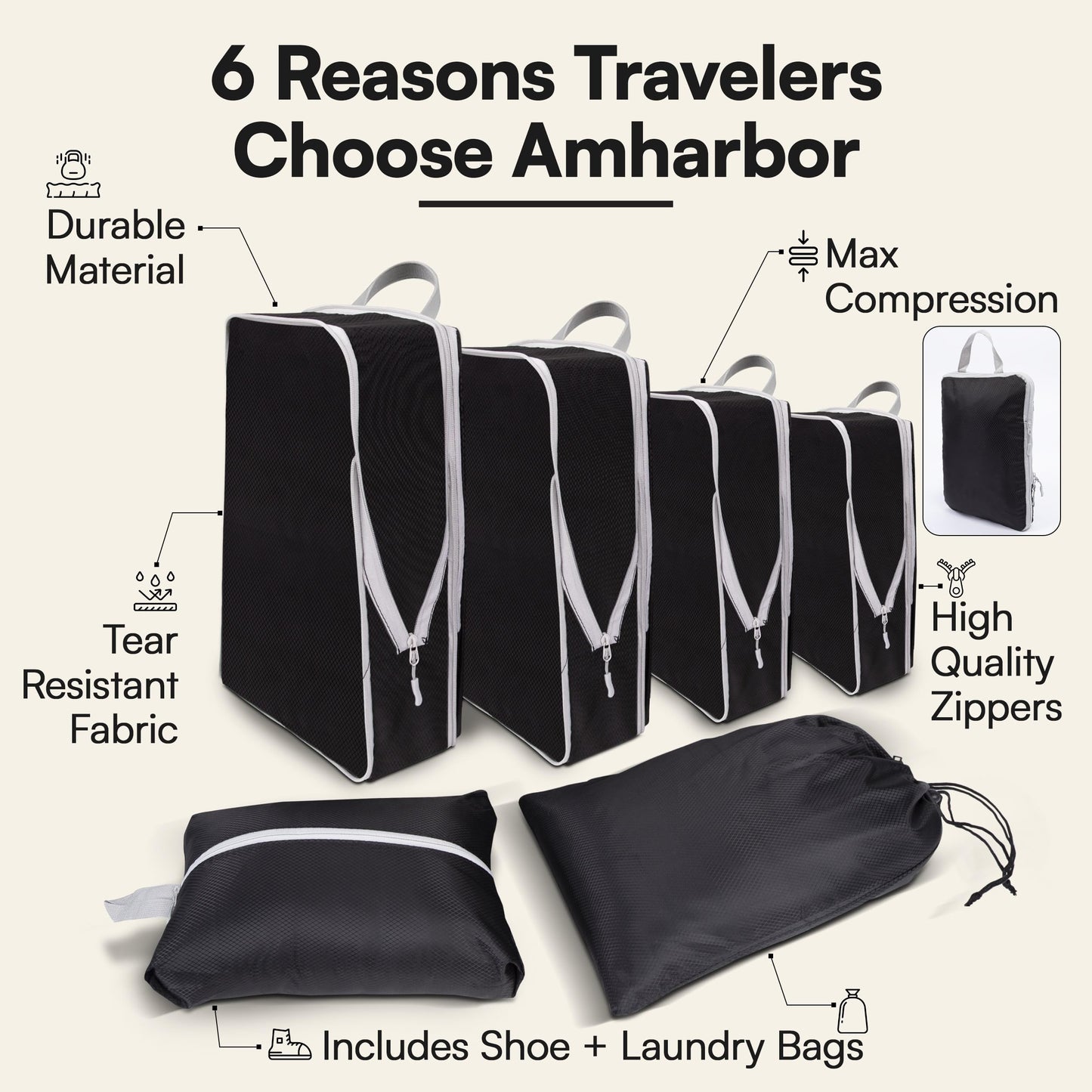 AMHARBOR Set of 6 Compression Packing Cubes for Travel - Space-Saving Luggage Organizers - Vacation Travel Essentials - Lightweight Accessories for Suitcase