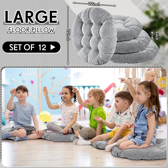Jerify 12 Pcs Round Floor Pillows Cushions 22 x 22 Inch Large Flexible Seating Cushion Classroom Furniture Floor Pillow for Kids Adults Home Daycare Preschool Yoga Meditation Gift (Light Gray)