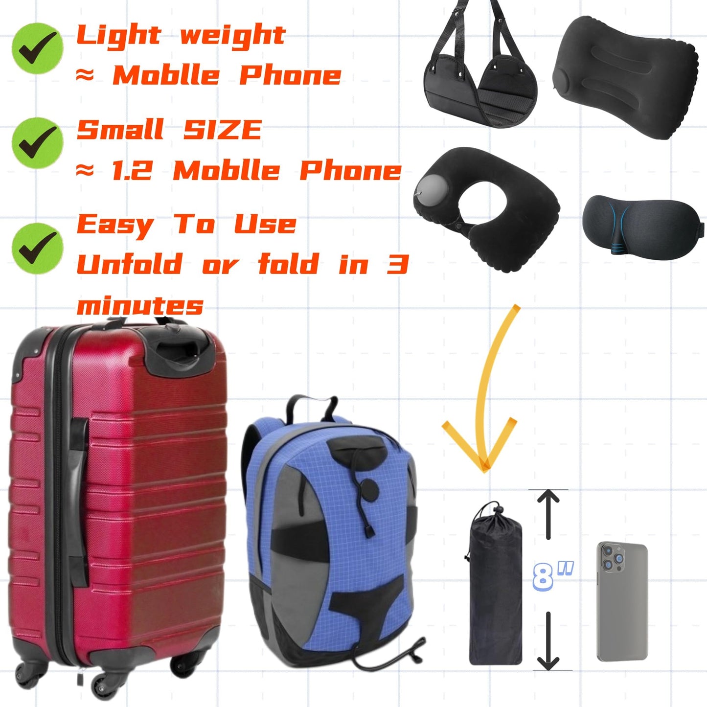 Portable Ultimate Comfort Set for Plane Sleep Kit at Plane,2 Inflatable Travel Pillows,Foot Rest Hammock,Eye Mask Ear Plugs for Airplane Flight Essentials for Seat Airplane Gadgets for Sleep Comfort