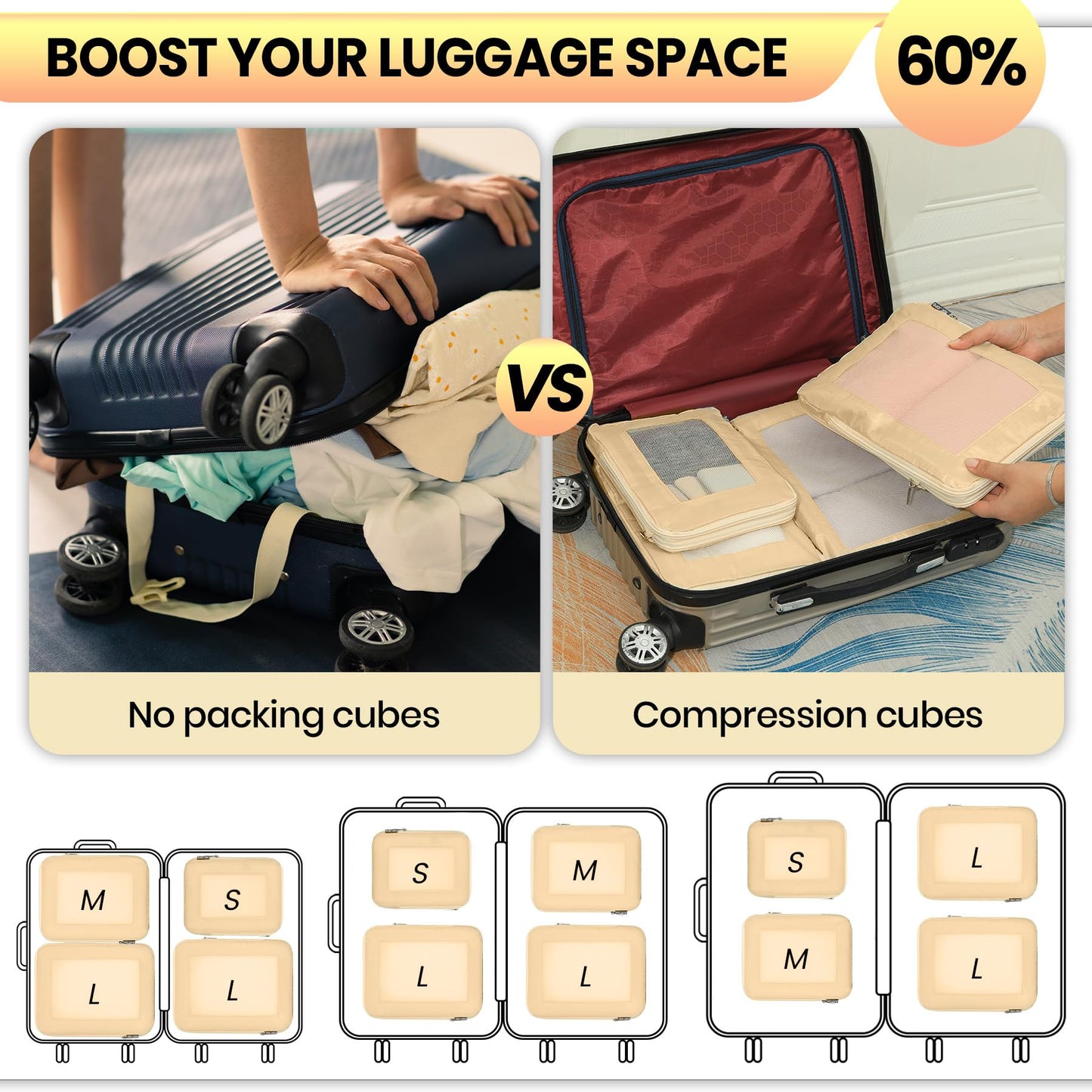 HDKJDPG 4 Set Compression Packing Cubes Travel for Suitcases,Compressible Mesh Packing Cubes for Travel Women Packing Organizers Ultralight