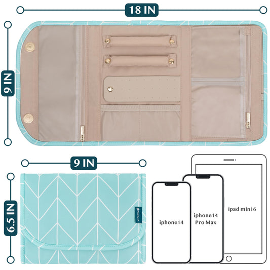 PAVILIA Travel Jewelry Case Organizer, Foldable Jewelry Travel Roll Bag, Small Jewelry Travel Pouch Wallet for Earrings, Rings, Necklaces, Bracelets, Travel Packing Accessories (Chevron Teal)