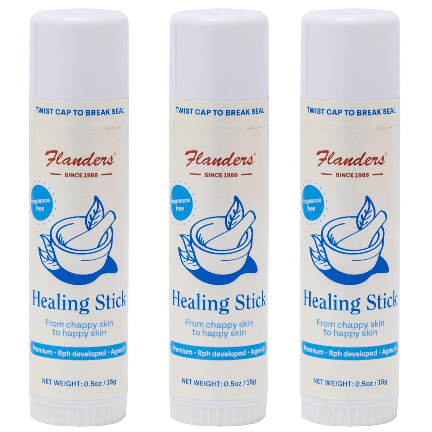 Flanders Healing Balm Stick - Safe for All Ages, Irritated Skin & Lips, Nipple Balm, Drool Rash, Raw Cuticles, Windburned Cheeks, Nostrils, Unscented (3 Pack of .5oz Sticks)
