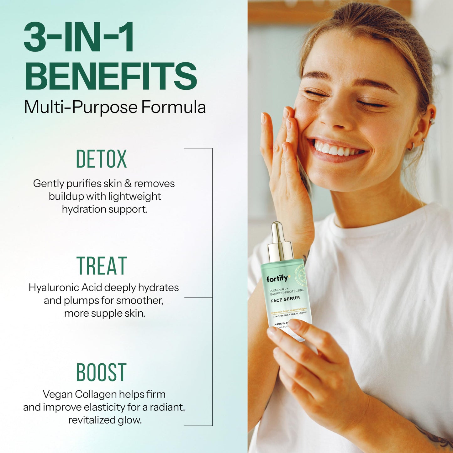 Fortify Skincare Hyaluronic Acid Serum for Face with Collagen – 3-in-1: Detox, Treat, Boost – Hydrating, Firming, Anti-Aging Serum – Dermatologist Tested Korean Skin Care – Clean Beauty – 1.69 Oz