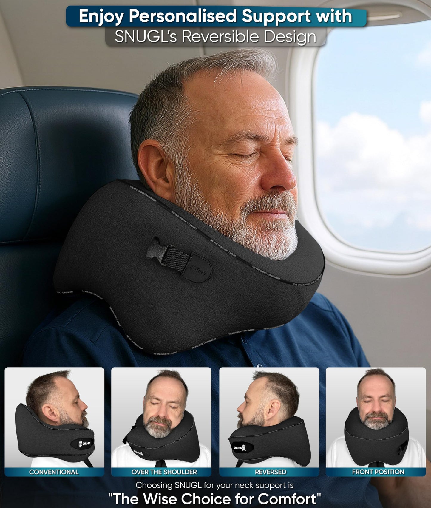 SNUGL Travel Pillow – Memory Foam Pillows - Airplane Neck Pillow with Carry Bag & Clip – Neck Support Travel Pillows - Airplane Essentials (Adult Regular - Black)