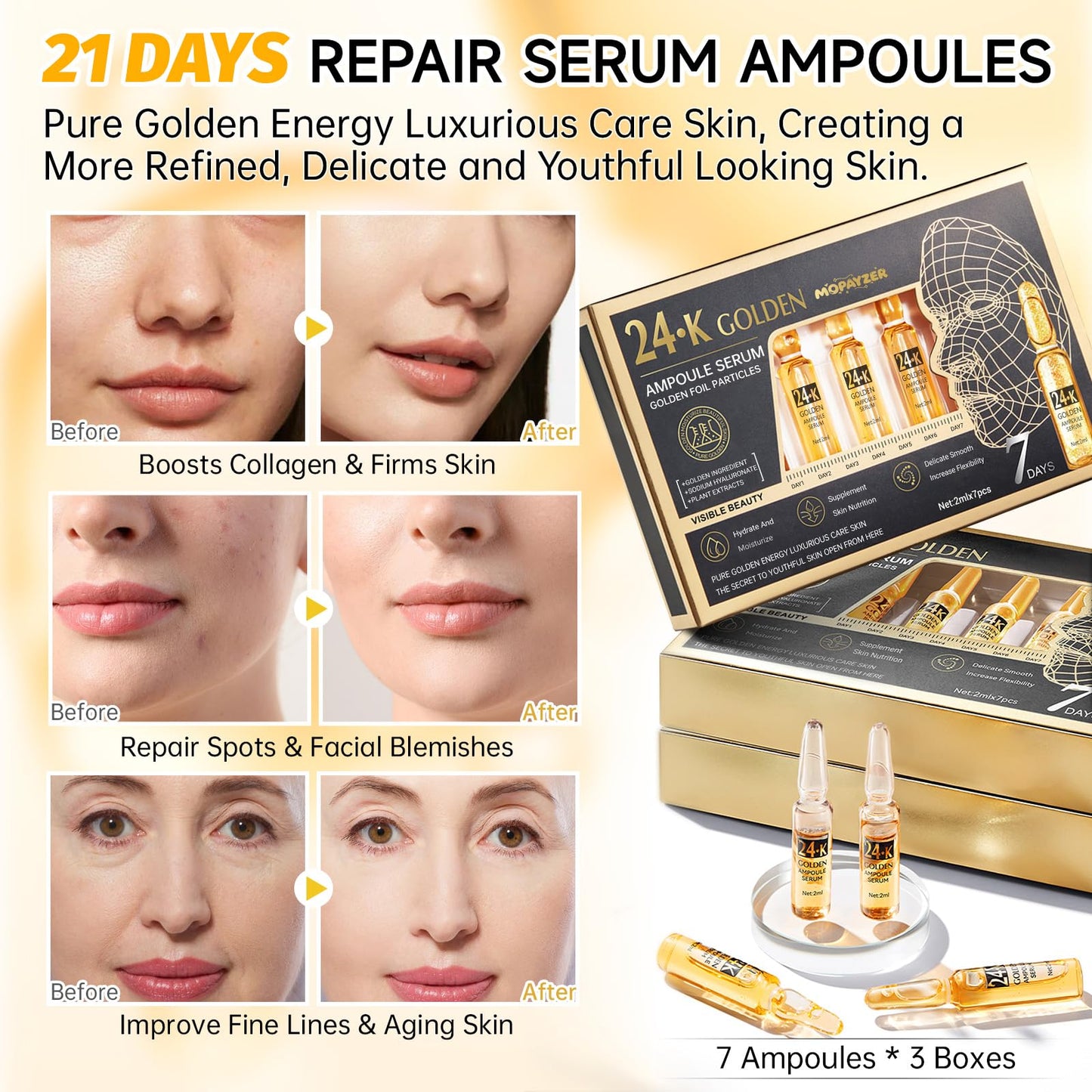 24K Gold Serum Ampoule, Anti Aging 24K Gold Serum for Face, Moisturizes & Soothes Skin, Boosts Firmness & Hydration, Golden Foil Particles Reduces Fine Lines, Wrinkles, Dryness, 3 Boxes of 21