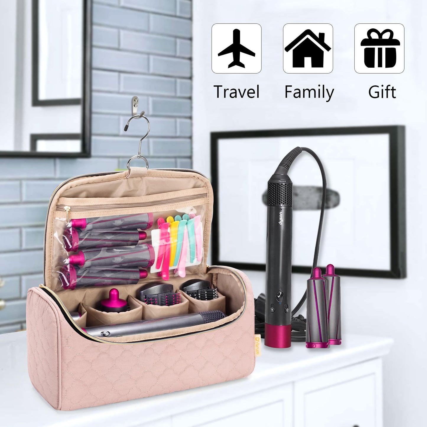 Yarwo Airwrap Travel Case Compatible for Dyson Airwrap Complete Styler All Models and Attachments, Portable Storage Bag with Hanging Hook for Hair Curler Accessories, Pale Mauve (Patent Design)