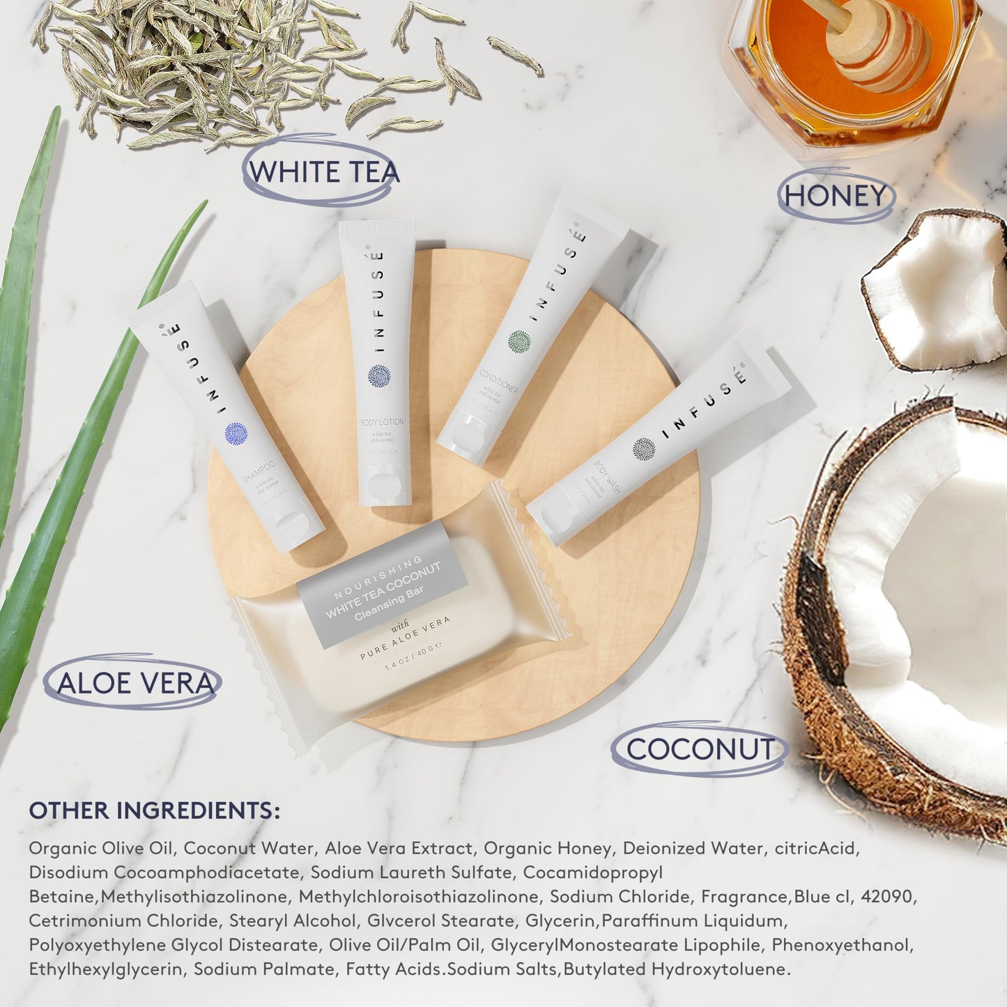 Infuse Pure White Tea and Coconut Hotel Soaps and Toiletries Bulk Set | 1-Shoppe All-In-Kit for Airbnb | 1oz Shampoo & Conditioner, Body Wash, Lotion & 1.25oz Bar Soap | Travel Size 150 Pieces