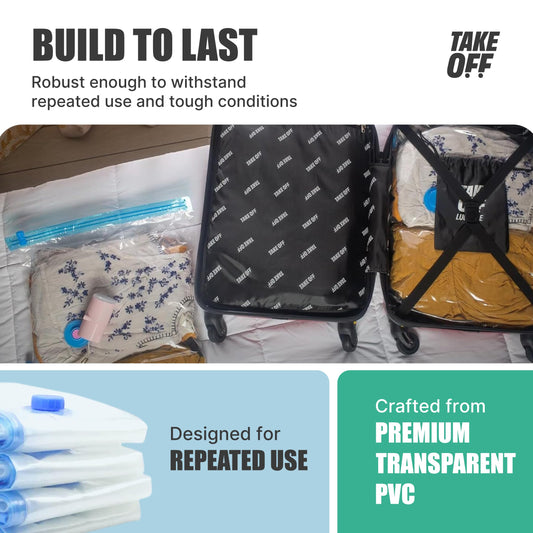 TAKE OFF Travel Vacuum Seal Bags for Clothing – Set of 5 Medium 16x24" Reusable Compression Bags for Luggage, Suitcase Packing, Cruise & Carry On Organization – Pump Sold Separately.