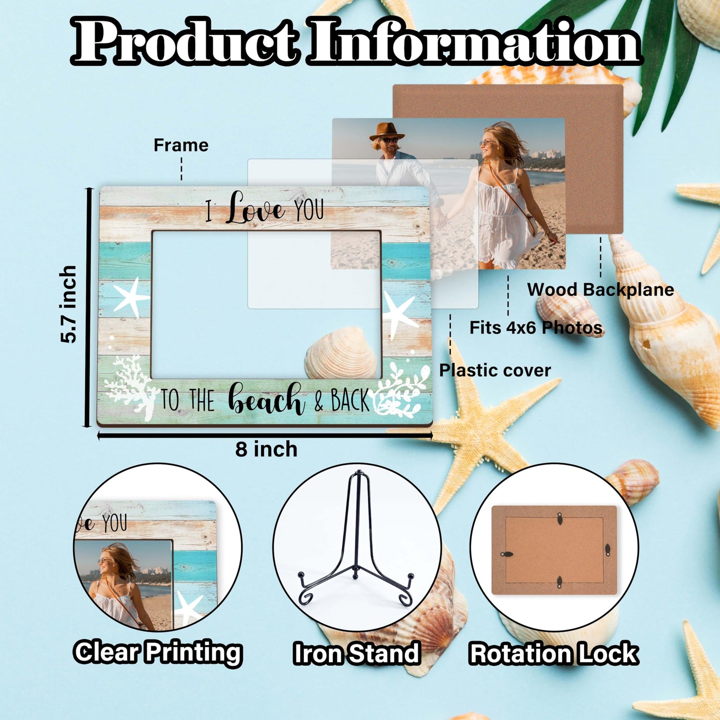 HJLLOQR Beach Picture Frame, Wedding Gift, Couple Photo Frame, Beach Travel Honeymoon Picture Frames 4X6 In, Engagement Gifts for Couples, Newlyweds -B01