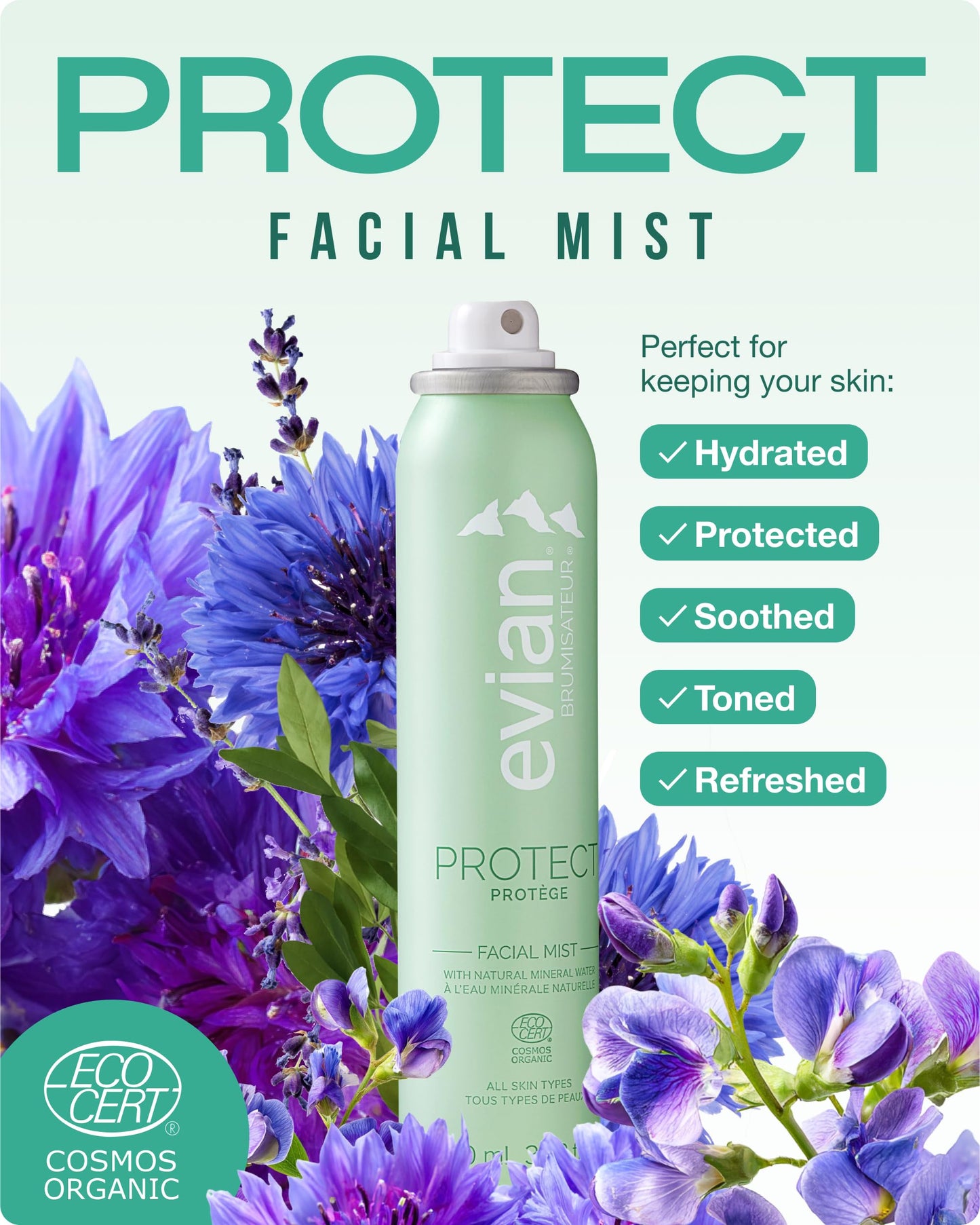 Evian Protect Facial Mist - Hydrating Mineral Water Face Spray with Aloe & Natural Extracts - Cooling Toner Mist for Face & Skin - Refreshing Facial Spray to Hydrate and Support Skin Barrier