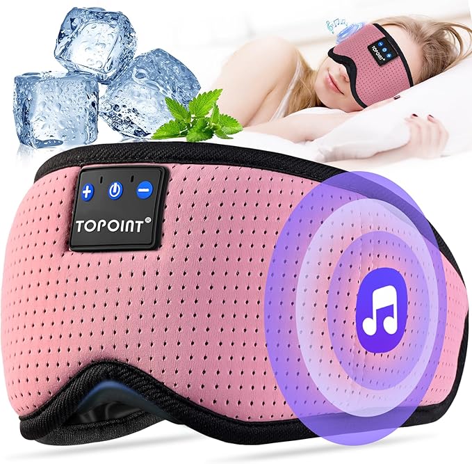 TOPOINT Sleep Mask with Bluetooth Headphones, Breathable Silk Eye Mask for Sleeping Men Women, Bluetooth Sleep Mask Blackout with Speakers, Microphone Handsfree, USB C for Travel Meditation Gifts