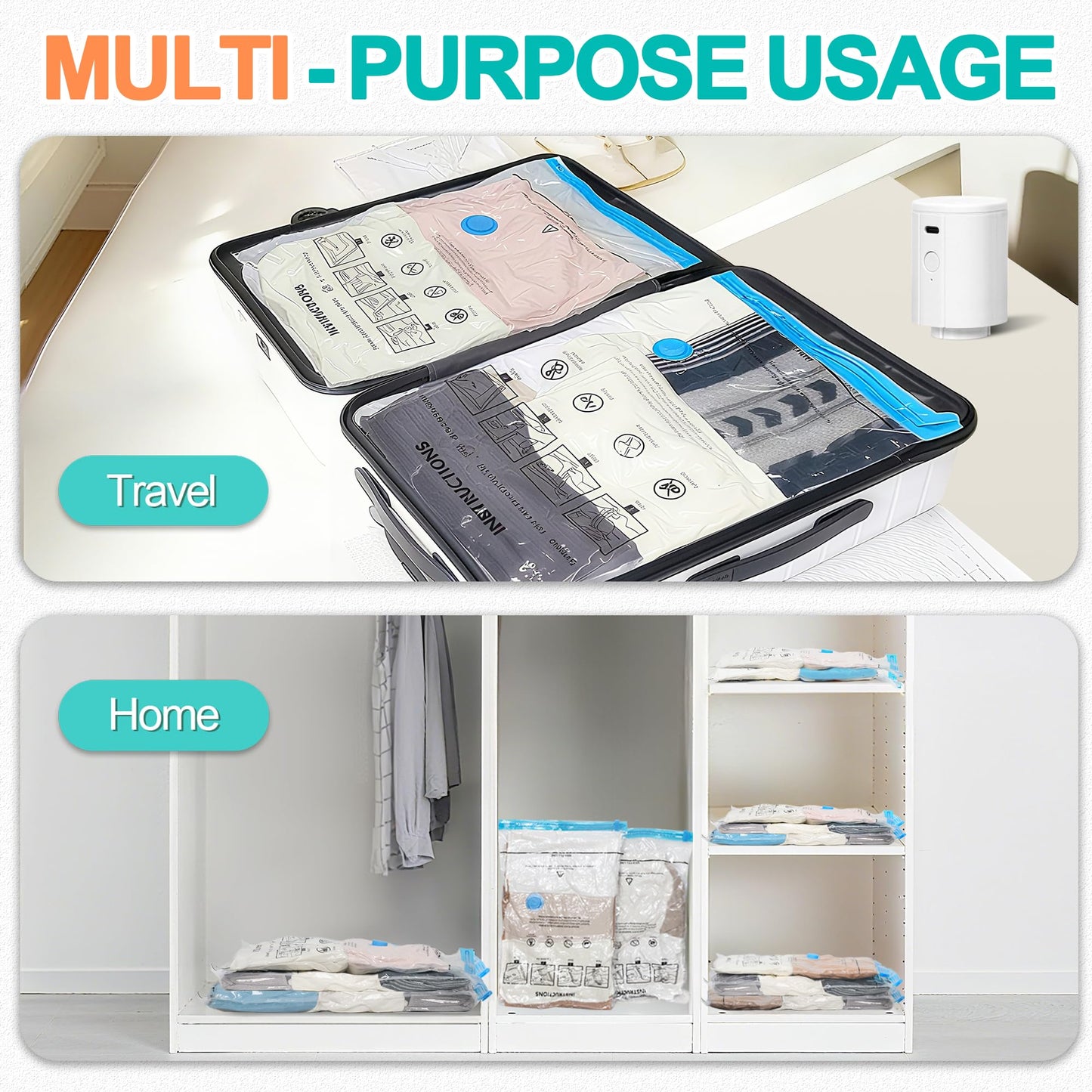 ZOESTORAGE 12 Pack Travel Vacuum Storage Bags with Portable Electric Pump, Vacuum Seal Space Saver Bags for Clothing, Compression Vacuum Bags for Travel Luggage Blankets(4 Large, 4 Medium, 4 Small)