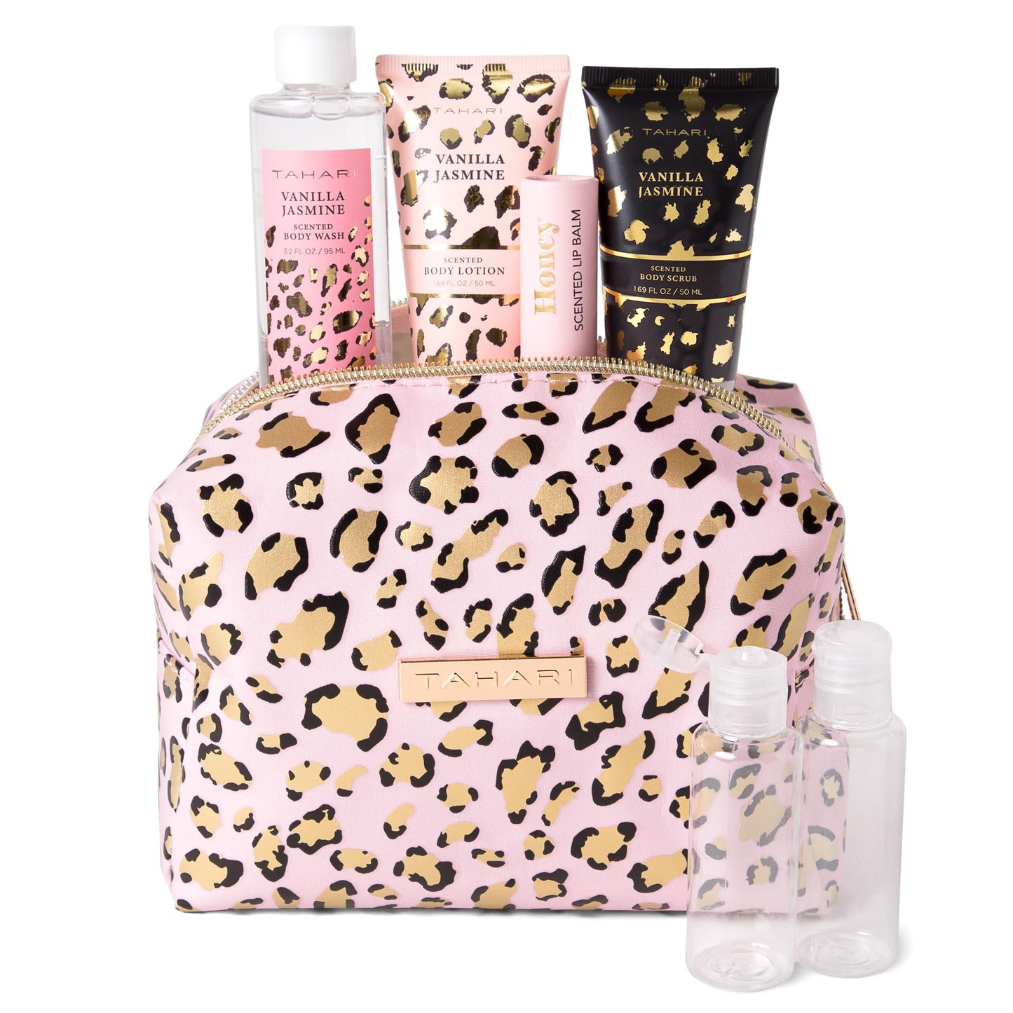 Tahari Vanilla Jasmine Spa Gift Set for Women – Luxurious Bath Kit with Body Lotion, Body Scrub, Body Wash & Lip Balm with Bag – Perfect Selfcare Gifts for Women (Leopard)