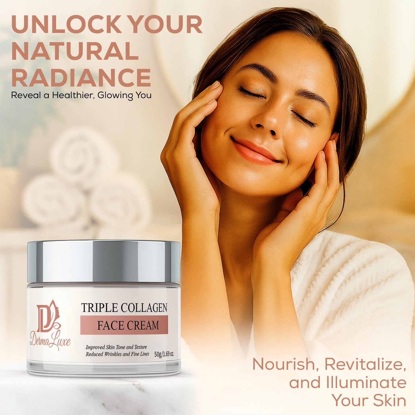 DermaLuxe Triple Collagen Face Cream – Anti-Aging Moisturizer with Hyaluronic Acid, Salmon DNA PDRN & Niacinamide – Deep Hydration, Firming, Wrinkle Repair Cream for Aging Skin, Women & Men. 1.7oz