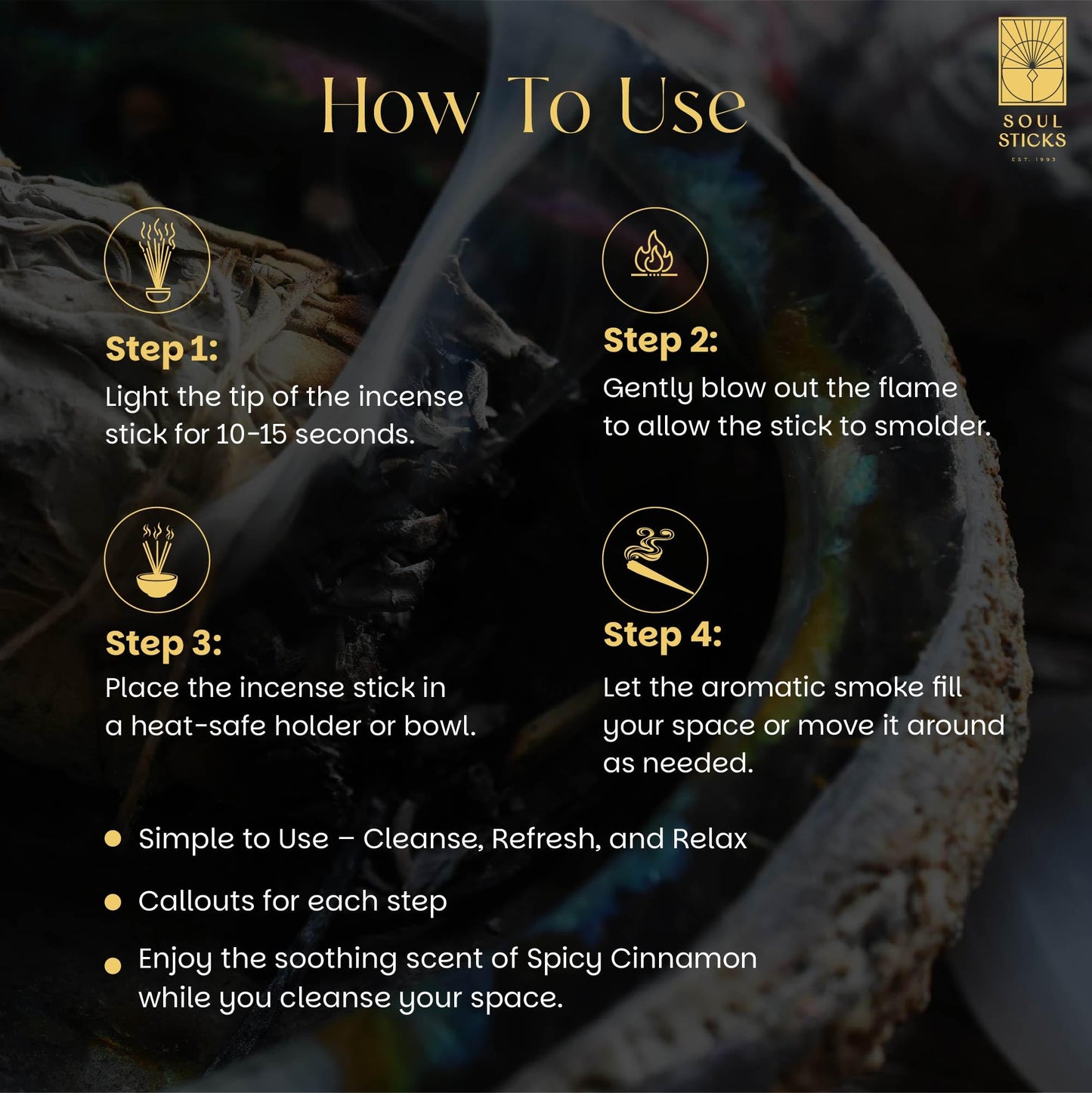 SOUL STICKS Thick Handcrafted Incense Sticks Spicy Cinnamon Scented (Includes 5 Crystals) 20g Thick, Herb-Dipped Sticks Bundle Ideal for Aromatherapy, Cleansing & Relaxation