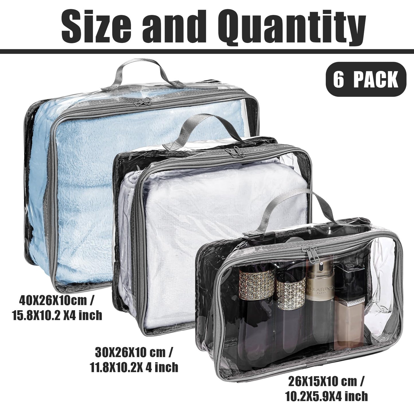 Hillban 6 Pcs Gray Large Clear Travel Packing Cube 3 Sizes See-through PVC Organizer for Suitcase Multipurpose Pouch with Handle Vinyl Zippered Storage Bags Luggage Cube Organizer