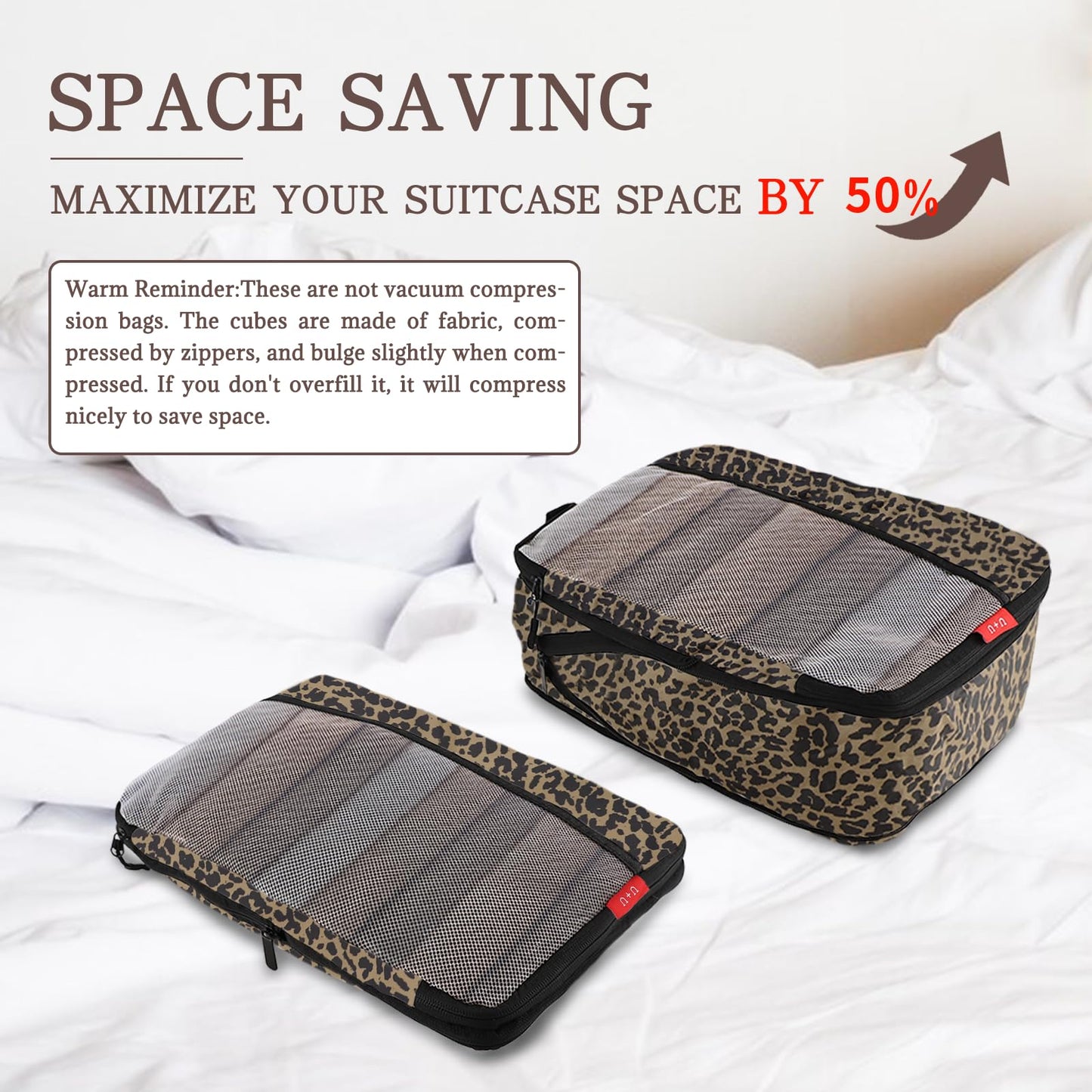 U+U 4 Set Compression Packing Cubes - Ultralight Travel Organizers, Space-Saving Suitcase Organizer, Expandable Packing Cubes for Travel, Business Trip and Family Vacation (Leopard)