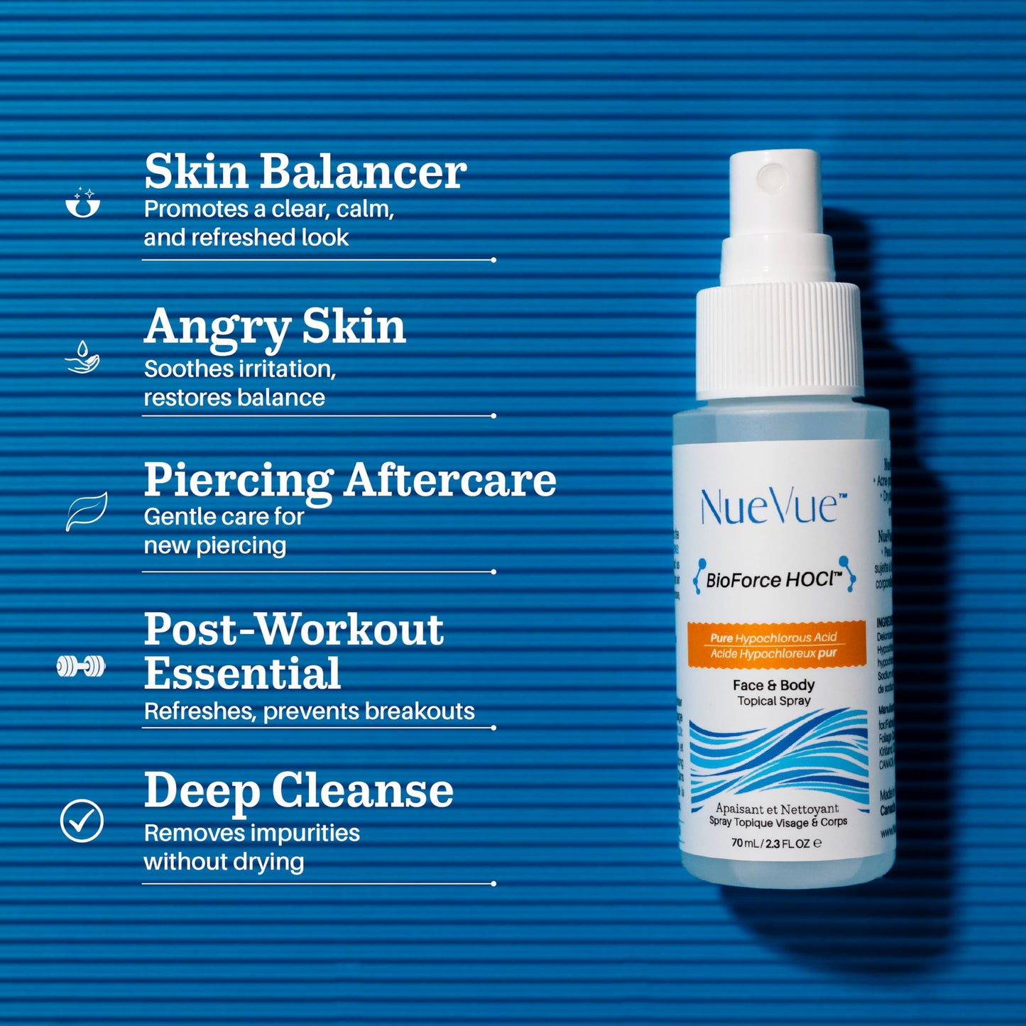 BioForce HOCl - Pure Hypochlorous Acid Spray for Face Travel Size Toner & Cleanser - Made in Canada - Acne-Prone Skin & Eczema, Piercing aftercare, pH Balanced, Non-comedogenic - NueVue (2.3 oz)