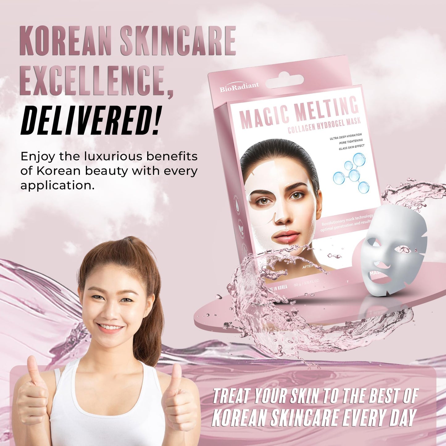 Bio Radiant Magic Melting Face Mask - Collagen Ultra Hydrating Overnight Hydrogel Mask, Pore Minimizer For Face with Glass Skin Effect - Vegan, Clean Beauty, Made in Korea - Pack of 6