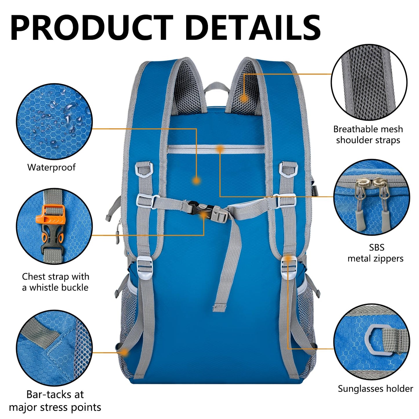 Goloni Ultra Lightweight Packable Backpack 40L - Foldable Hiking Backpack Water Resistant Small Foldable Daypack for Travel,Po Blue