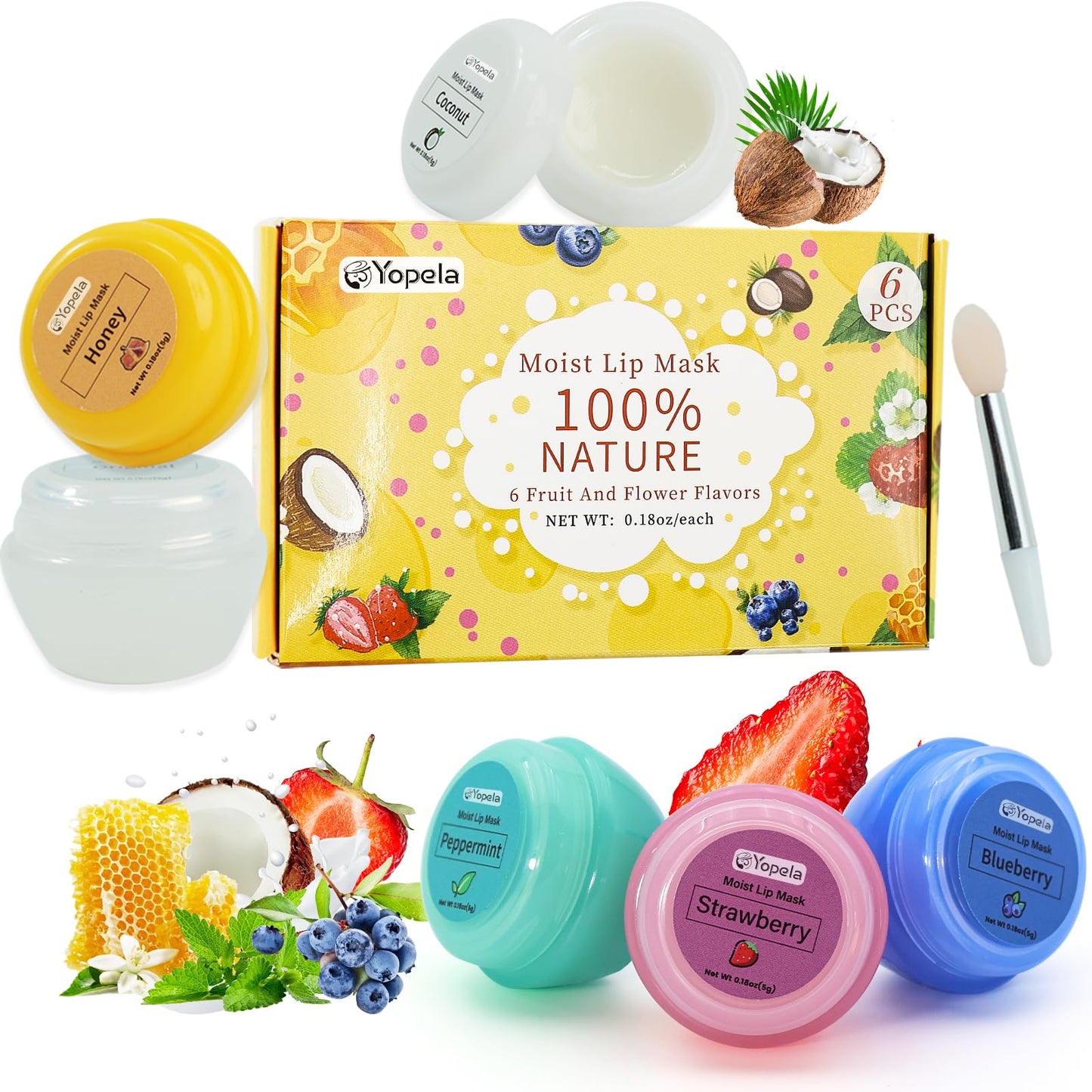 6 Pack Cute Lip Mask Sleeping Overnight for Dry Lips with Coconut Oil and Beeswax -Smoothing Hydrating Softening Plumoing Moisturizing with Small Lip Brush 6 Flavors Gift for Women 0.18 Oz