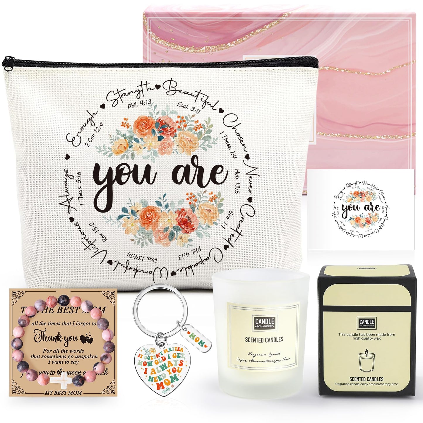 Velokomo Appreciation Gifts for Mom - 5pcs Pink Box Set for Best Mother Birthday Christmas Gift for Women Thank You Present Kit with Makeup Bag Card Bracelet Keychain Candle