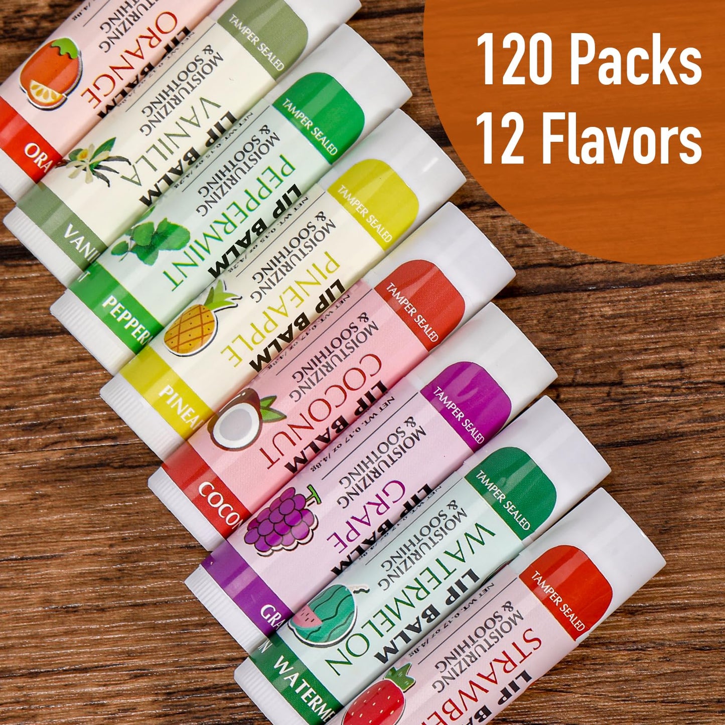 AZEN 120 Pack Lip Balm, Natural Lip Balm Bulk, Lip Care Product, Moisturizing Lip Balms for dry cracked lips - 12 Flavors