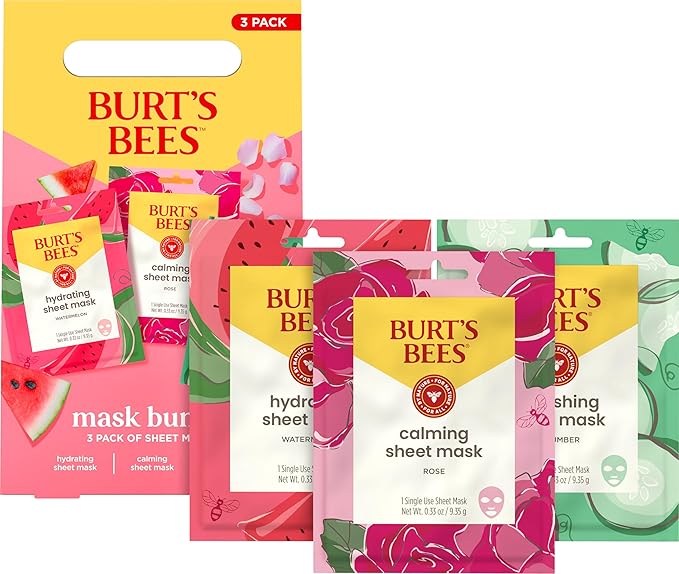 Burt's Bees Face Mask Bundle Set, Hydrating Watermelon, Calming Rose, & Refreshing Cucumber, Face Sheet Masks for Single Use Skin Care, 99% Natural Origin, 3 Count, 0.33oz Each