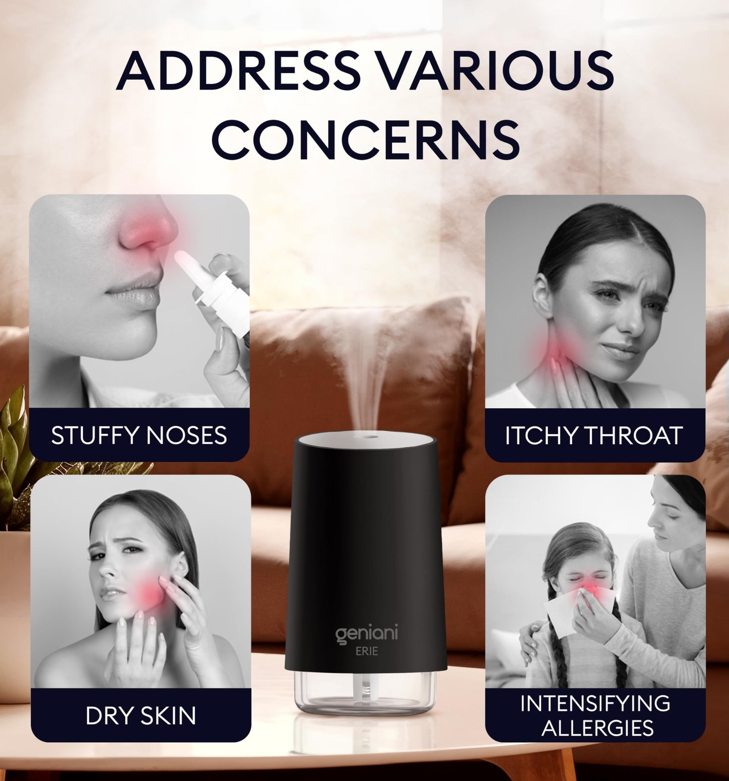 GENIANI Portable Small Cool Mist Humidifier β USB Powered (Not Rechargeable), Compact Desktop Humidifier for Plants, Office, Baby Room β Auto Shut Off & Night Light β Black, 0.25L